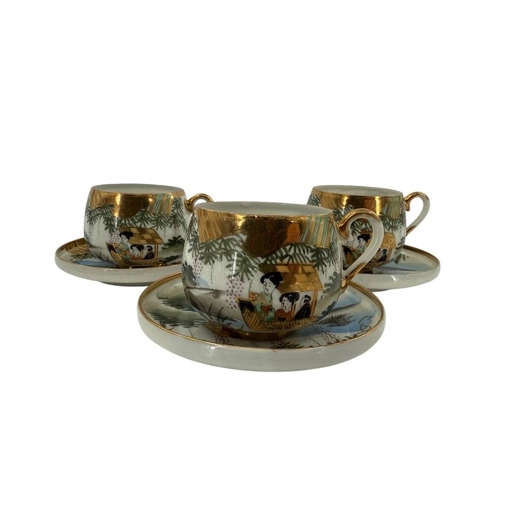 Japanese Satsumi Kutani Porcelain Coffee Tea Set Cream Sugar Hand Painted Gold